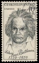 Stamp printed in Czechoslovakia shows portrait Ludwig van Beethoven