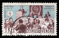 Stamp printed in Czechoslovakia shows Scientists Meeting and Nuclear Physics Emblem International Trade Fair Brno