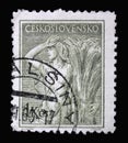 Stamp printed in Czechoslovakia shows Woman bundling grain Professions series