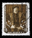 Stamp printed in DDR shows the painting Portrait of Morette, by Hans Holbein