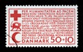 Stamp printed in Denmark shows Red Cross and Red Crescent