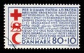 Stamp printed in Denmark shows Red Cross and Red Crescent