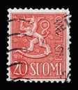 Stamp printed in the Finland shows Crowned Lion Coat of Arms of the Republic of Finland Hammarsten-Jansson Design