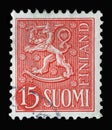 Stamp printed in the Finland shows Crowned Lion Coat of Arms of the Republic of Finland Hammarsten-Jansson Design