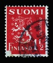 Stamp printed in the Finland shows Crowned Lion Rampant, Coat of Arms of the Republic of Finland, Hammarsten-Jansson Design