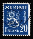 Stamp printed in the Finland shows Crowned Lion Rampant Coat of Arms of the Republic of Finland Hammarsten-Jansson Design