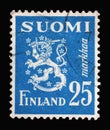 Stamp printed in the Finland shows Crowned Lion Rampant Coat of Arms of the Republic of Finland Hammarsten-Jansson Design