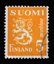 Stamp printed in the Finland shows Crowned Lion Rampant Coat of Arms of the Republic of Finland Hammarsten-Jansson Design