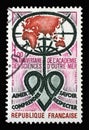 Stamp printed in the France shows Academy Emblem Academy of Overseas Sciences, 50th anniv Royalty Free Stock Photo