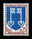 Stamp printed in the France shows Coat of arms of Mont-de-Marsan