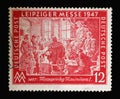 Stamp printed in Germany, American-British-Soviet Occupation Trizone shows market of Leipzig
