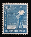 Stamp printed in Germany, American-British-Soviet Occupation Trizone shows Sower