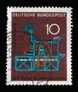 Stamp printed in Germany showing the graphic representation of a printing press, 150 years of printing presses Friedrich Koenig