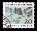 Stamp printed in Germany showing a landscape: low mountain range, European Nature Preservation Year