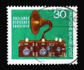 A stamp printed in Germany showing an old radio, 50th Anniversary of German Broadcasting Royalty Free Stock Photo