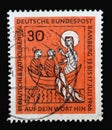 Stamp printed in Germany showing a picture with Jesus and two disciples fishing, 81st German Catholic Day in Bamberg