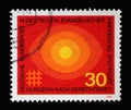 Stamp printed in Germany showing several circles in orange, 4th German Evangelical church day Stuttgart, hunger for justice