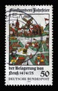 A stamp printed in Germany showing a woodcut of the historic city of Neuss, 500th anniversary of the siege of Neuss