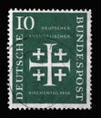 Stamp printed in Germany, shows Five crosses, German Evangelical Church Assembly