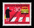 Stamp printed in Germany shows Give priority to pedestrians at the crosswalk, give hand sign