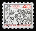 A stamp printed in Germany shows Thomas Aquinas Teaching, 700th Death Anniversary of Thomas Aquinas, scholastic philosopher