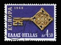 Stamp printed in Greece shows EUROPA CEPT Engraving on a Key Royalty Free Stock Photo