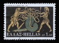 Stamp printed in Greece shows Hercules Deeds - Hercules and Lernean Hydra