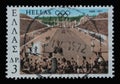 Stamp printed in Greece shows 1896 Marathon Race - Spyros Louis at the finish line, 75th Anniv. of Olympic Games Revival Royalty Free Stock Photo