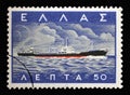 Stamp printed in Greece shows Merchant Marine - Tanker Michael Carras