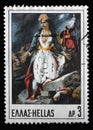 Stamp printed in Greece shows Greece in Messolonghi painting by E. Delacroix