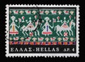 Stamp printed in Greece shows Wedding procession on embroidery  Greek Popular Art Royalty Free Stock Photo