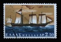 Stamp printed in Greece from the 150th Anniversary of War of Independence, shows warship Karteria