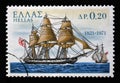Stamp printed in Greece from the 150th Anniversary of War of Independence shows warship Leonidas