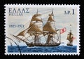 Stamp printed in Greece from the 150th Anniversary of War of Independence, shows warship Pericles