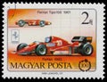 Stamp printed in Hungary shows Ferrari