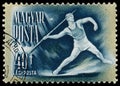 Stamp printed in Hungary shows javelin-throwing