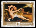 Stamp printed in Hungary shows Venus and Amor by Karoly Lotz