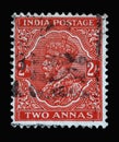 Stamp printed in India shows King George V with Indian emperor`s crown, Definitives 1926-36 serie, 2 Indian anna