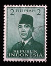 Stamp printed in Indonesia shows the first president of Indonesia Sukarno Royalty Free Stock Photo