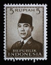 Stamp printed in Indonesia shows the first president of Indonesia Sukarno