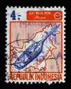 Stamp printed in Indonesia shows Hape musical instrument and Borneo island, Indonesian islands and musical instruments