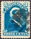 Newfoundland circa 1880-96. The stamp printed by Newfoundland features a portrait of Queen Victoria. Newfoundland is a Royalty Free Stock Photo