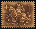 Stamp printed in the Portugal, shows Knight on horseback from the seal of King Dinis, circa 1953