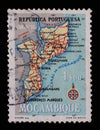 Stamp printed in Portugal shows map of Mocambique