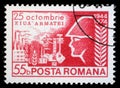 Stamp printed in Romania shows Army Day, soldier before industrial complex