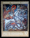 Stamp printed in the Romania, shows a fresco of St. George, Moldovita Monastery
