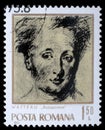 Stamp printed by Romania shows image self-portrait of famous French painter Jean Antoine Watteau