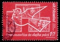 Stamp printed in Romania shows Peace dove with stamps, Space Exploring
