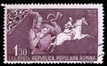 Stamp printed in Romania shows Post horn blowing postman and post rider