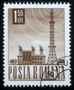 Stamp printed in Romania shows Radio station and tower